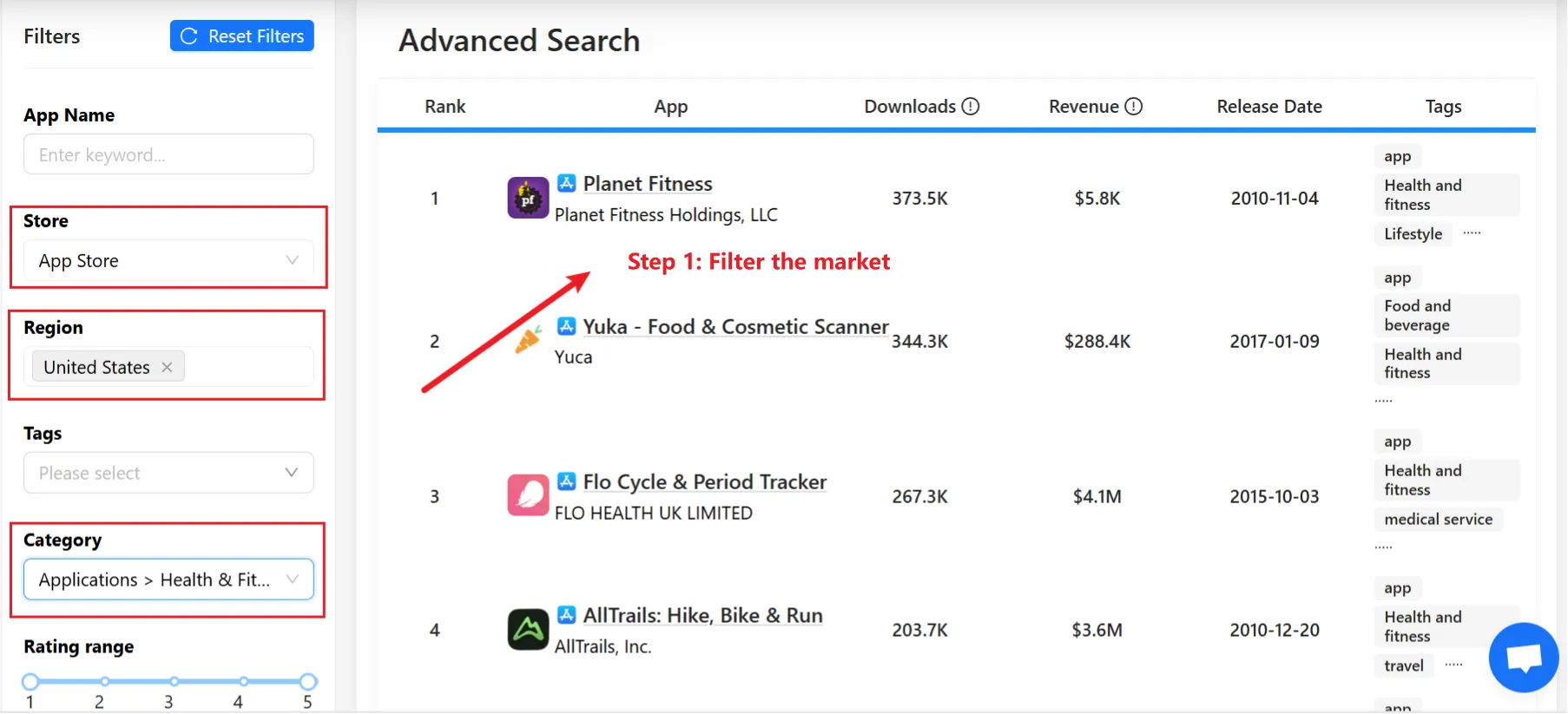 Appark's Advanced Search filtering by category and country