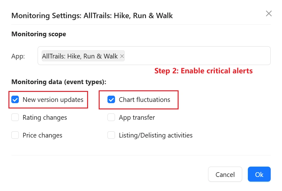 Appark monitoring dashboard settings with version updates checked