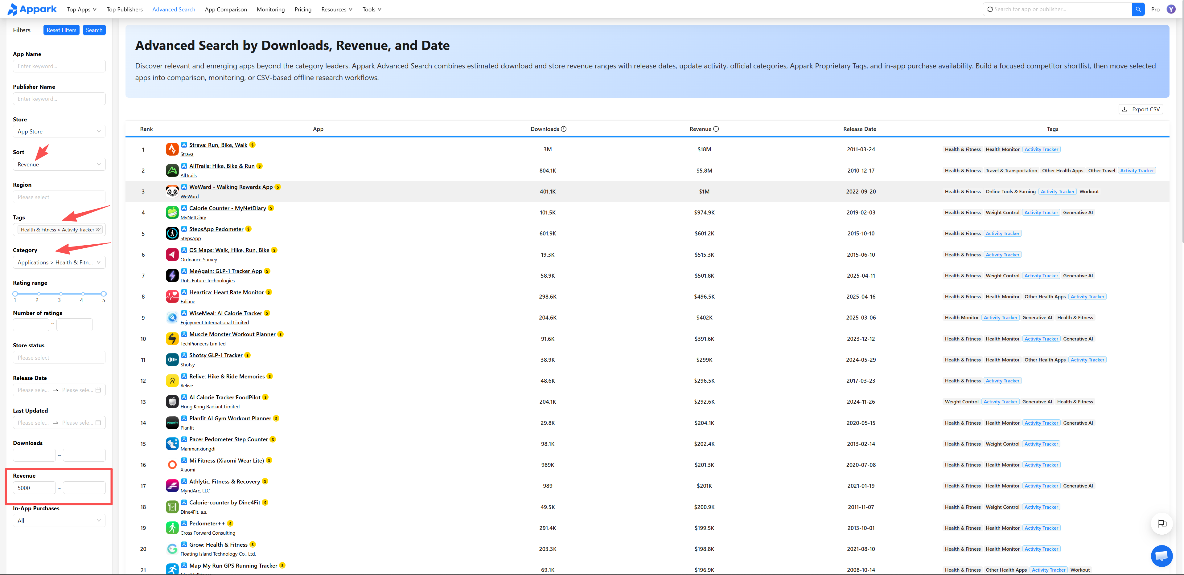 Appark advanced search interface filtering competitor apps by revenue and category