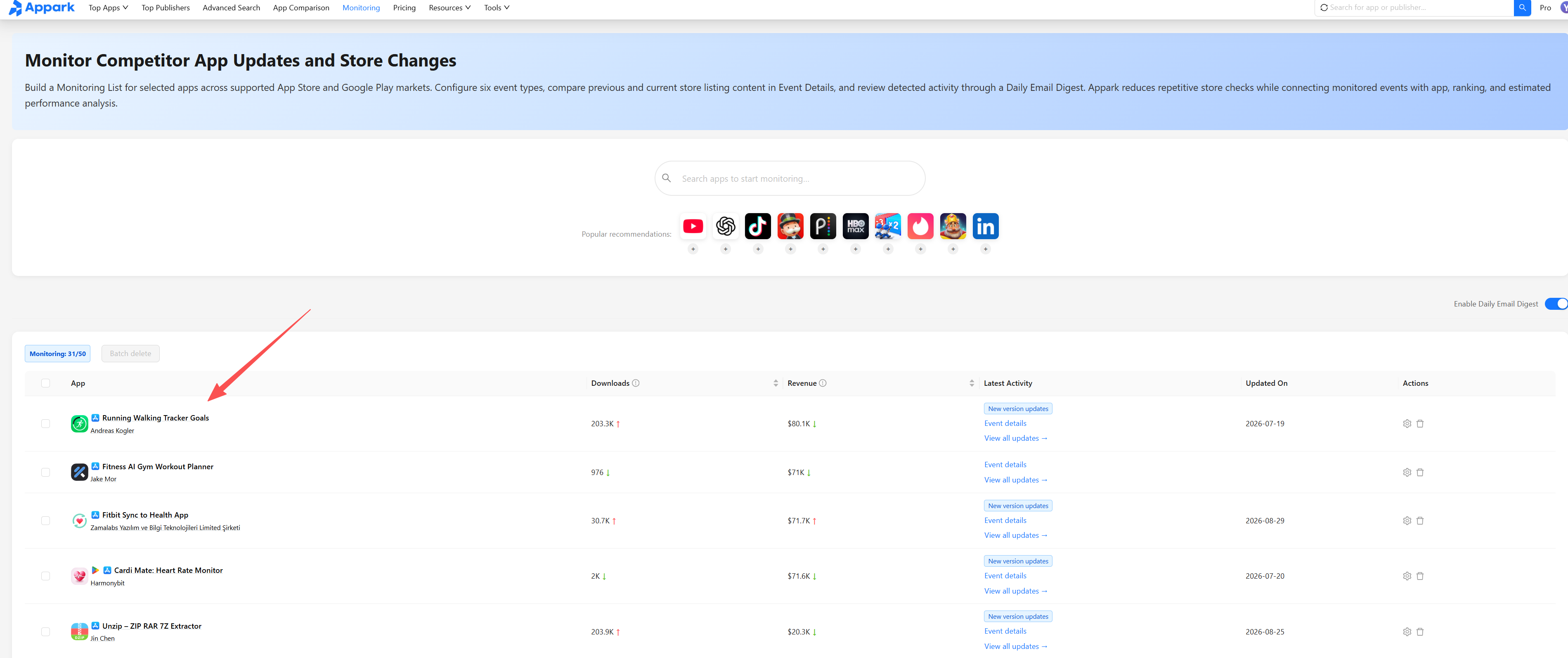 Appark monitoring dashboard tracking competitor app store updates and estimated revenue