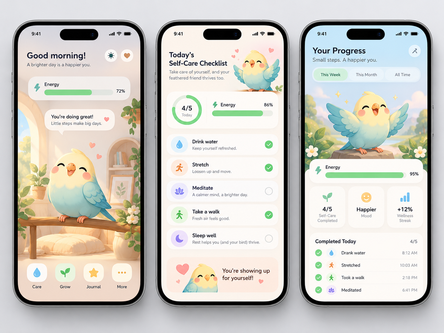 UI concept mockup of a gamified self-care pet mobile app featuring daily checklists