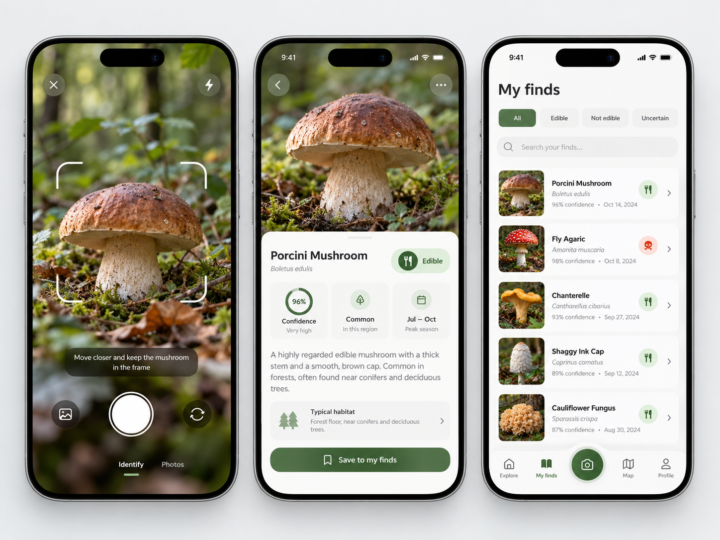 UI concept mockup of a mushroom identification mobile app with AI camera scanner