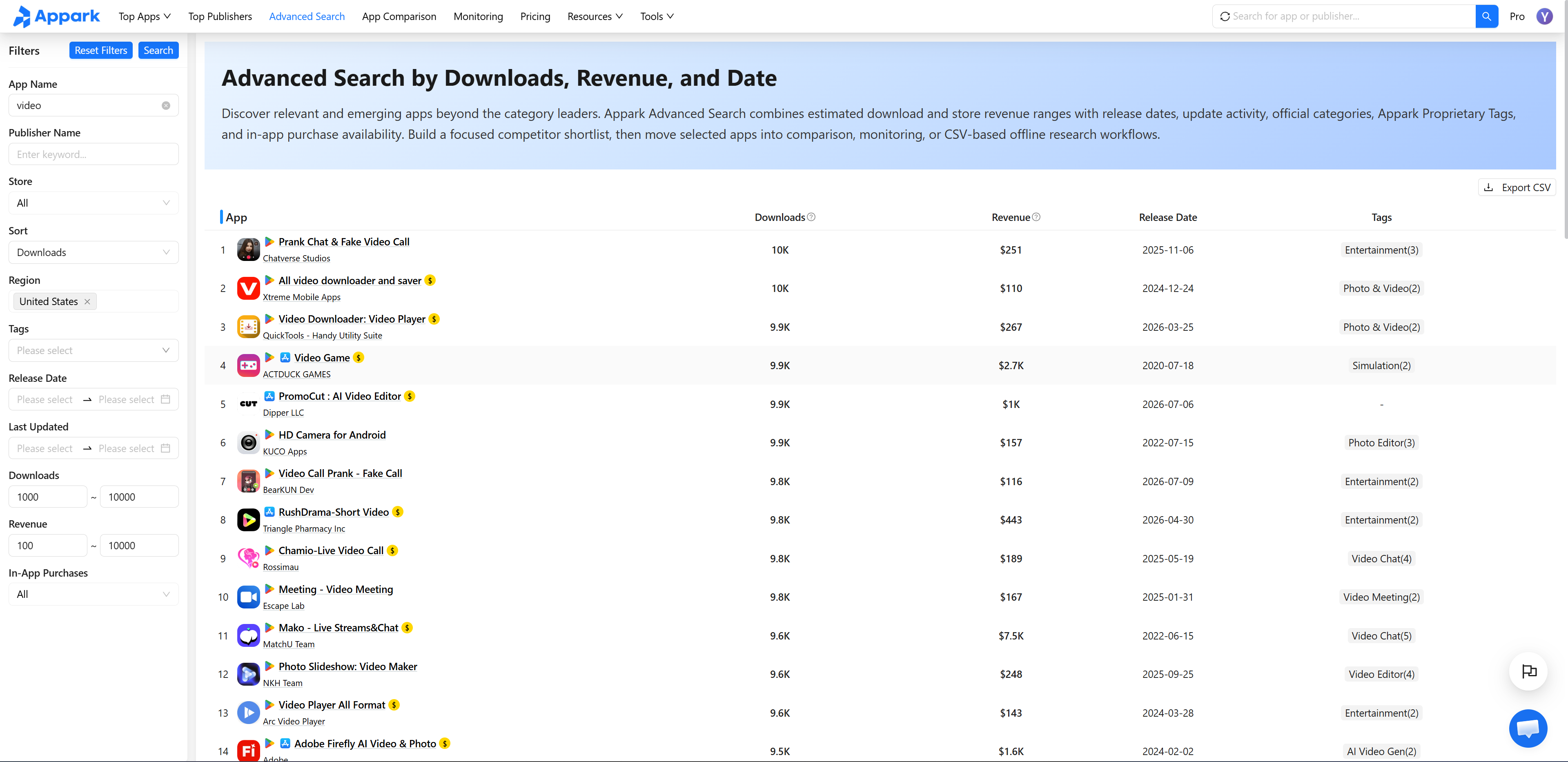 Appark Advanced Search for video apps