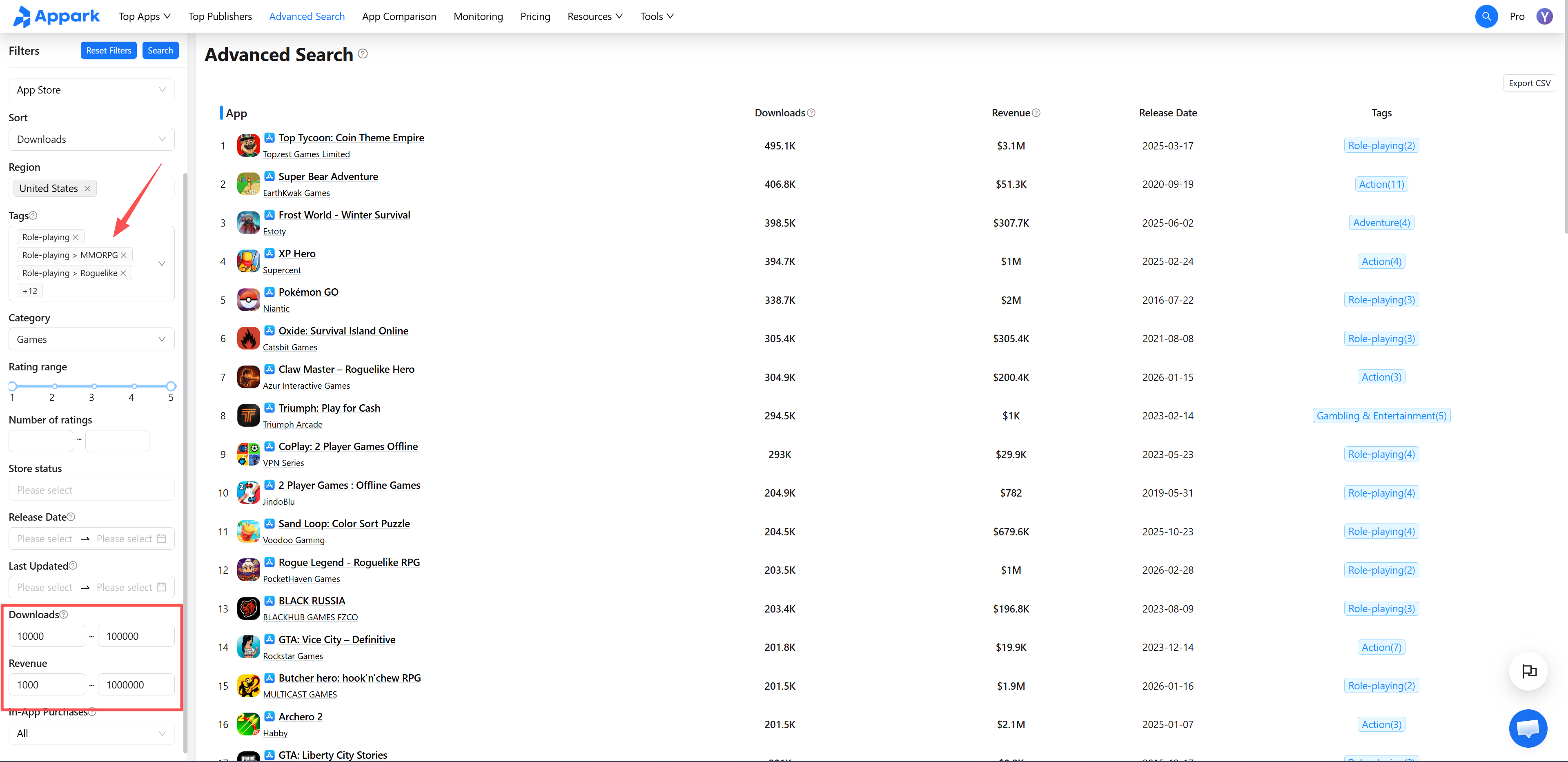 Filter comparable mobile games by store, country, and revenue range in Appark Advanced Search