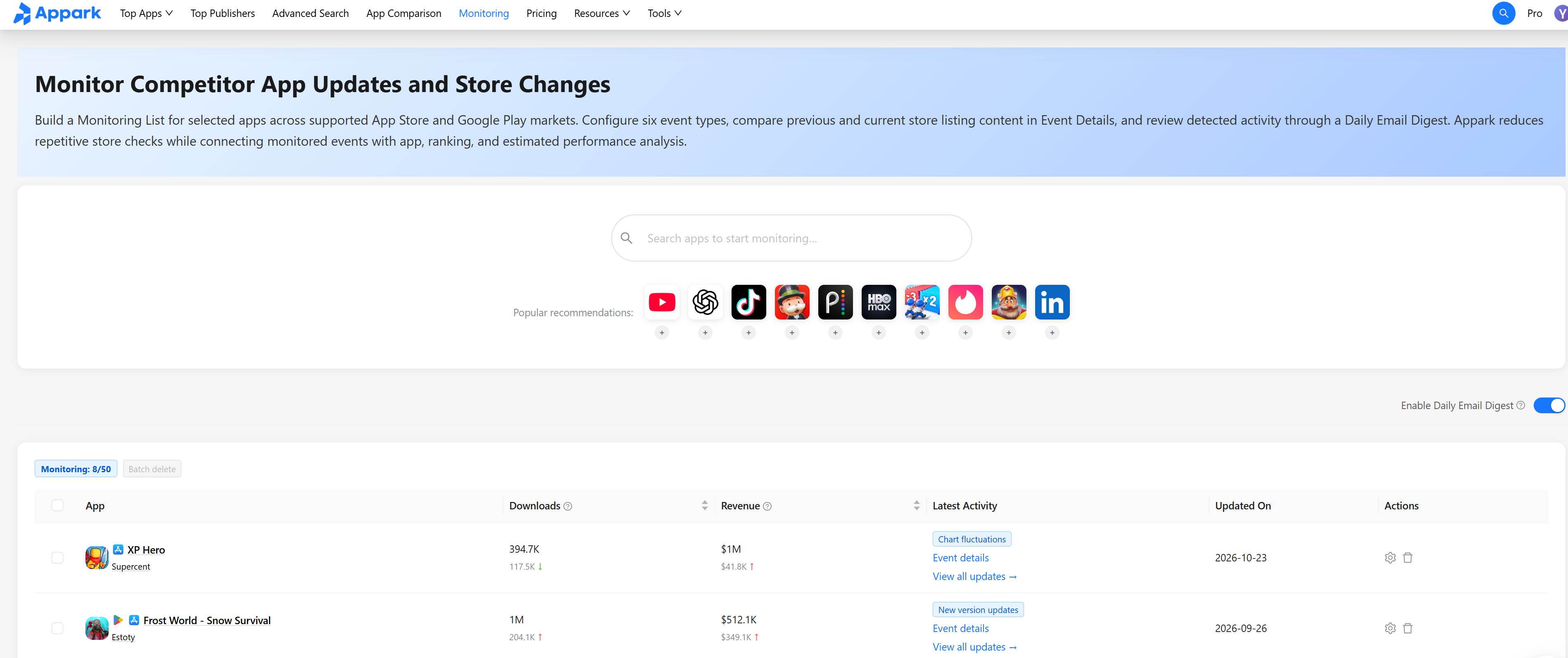Track competitor app version updates, chart fluctuations, and events in Appark Monitoring List
