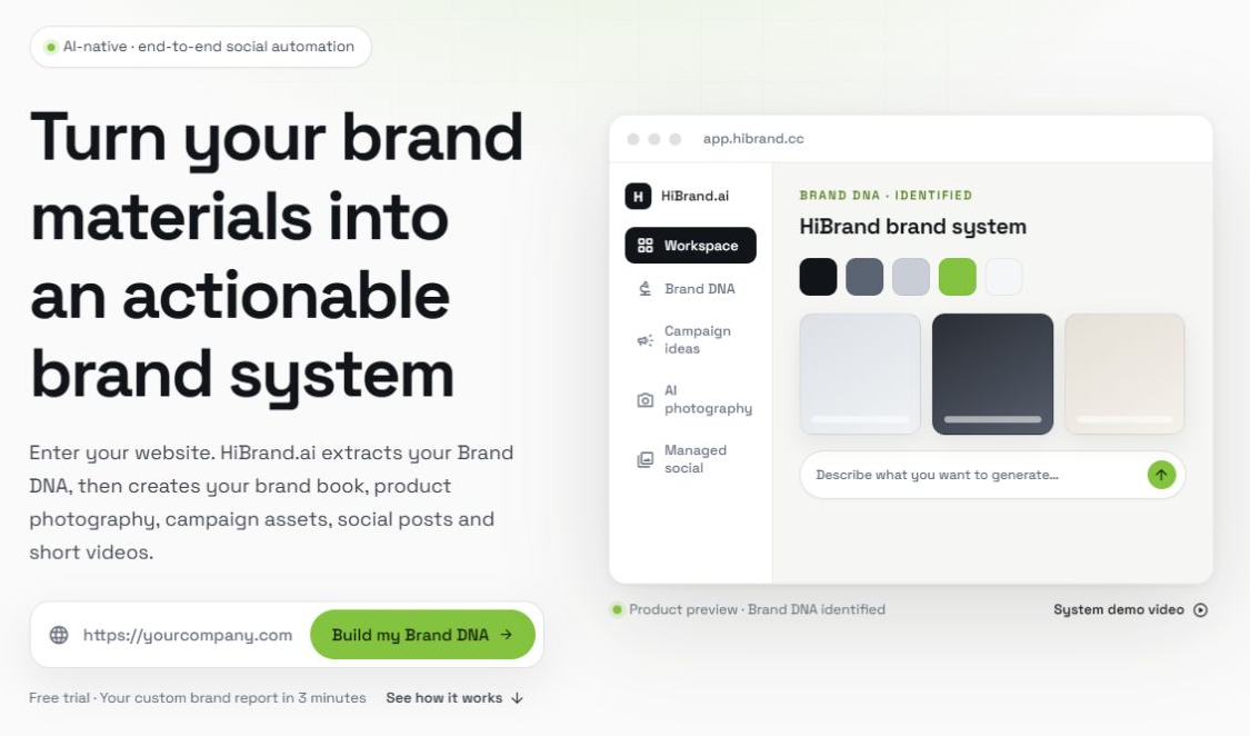 HiBrand's homepage showing its Brand DNA product preview
