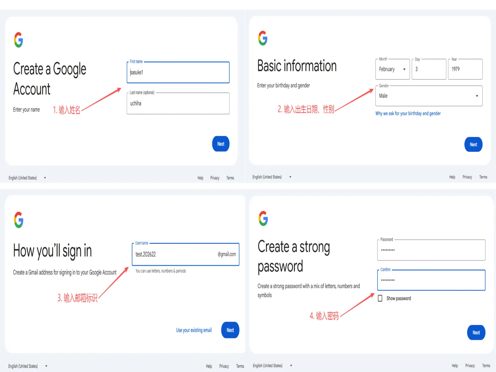 填写谷歌账号信息