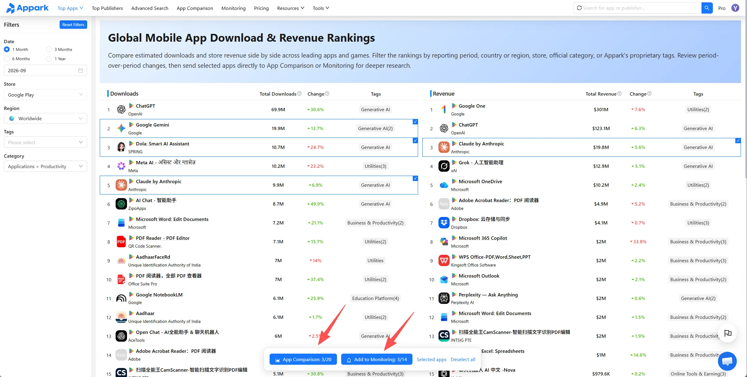 Select apps for comparison or monitoring